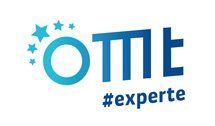Logo: OMT, mit Sternen und Hashtag #experte, Farben Blau und Türkis.