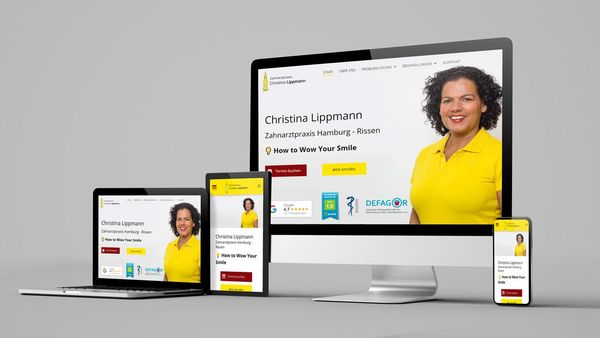 Auf mehreren Geräten angezeigte Website: Frau im gelben Oberteil, Unternehmenswebsite.