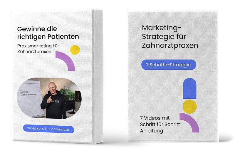 Zwei Buchcover zum Thema Zahnarztpraxis-Marketing mit Titeln und einem Mann im ersten Bild.