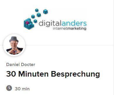 DigitalAnders-Logo mit Daniel Docter, der eine 30-minütige Beratung anbietet.