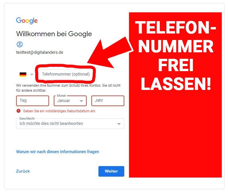 Google Registrierung Telefonnummer frei lassen
