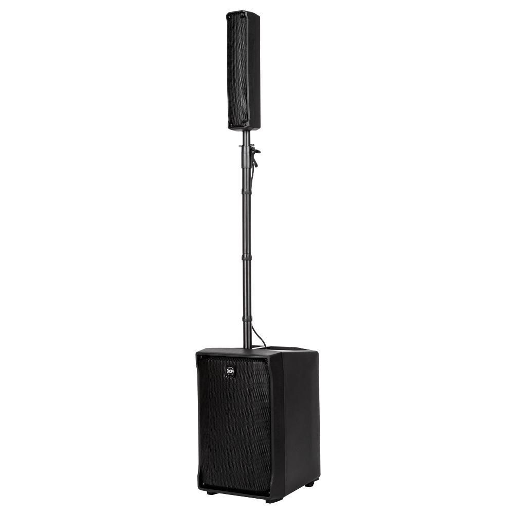 A black speaker with a microphone attached to it on a white background.