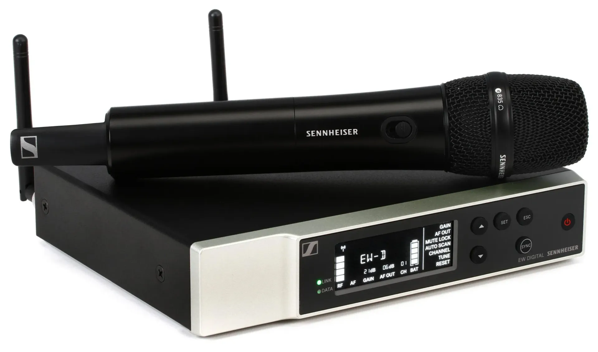 A black speaker with a microphone attached to it on a white background.