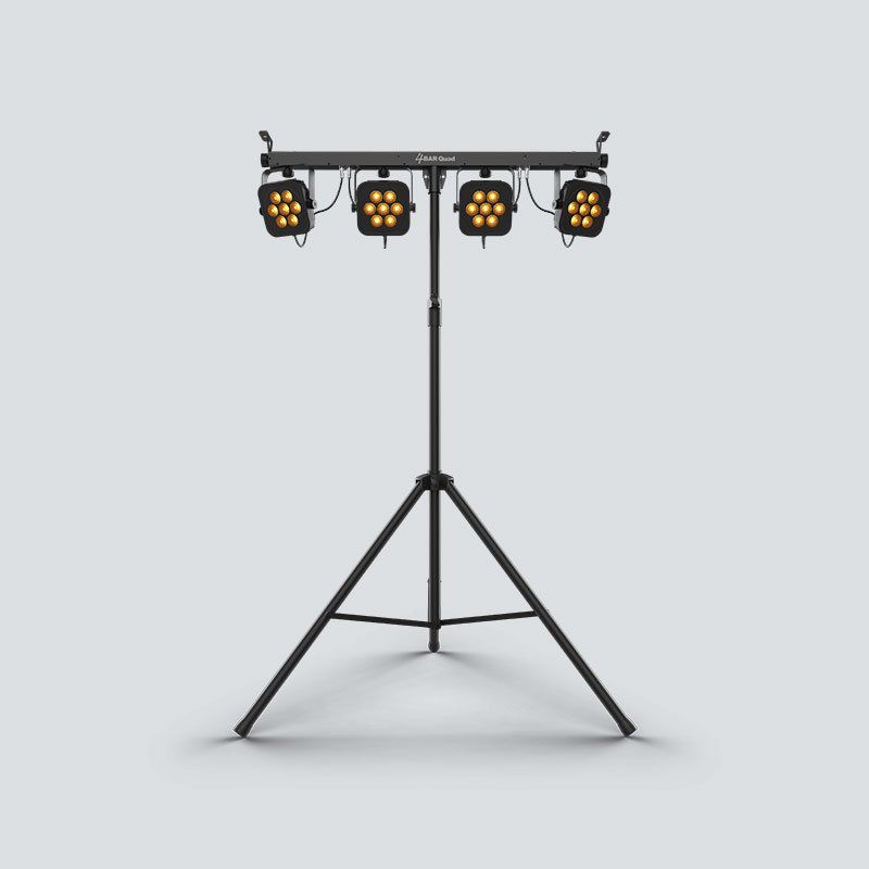 A tripod with four lights on it on a white background