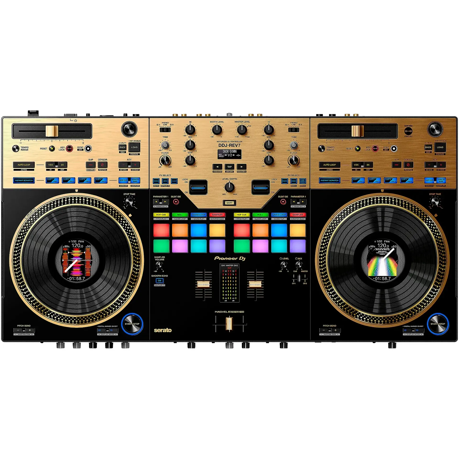 A dj controller with two speakers and a bunch of buttons on it.