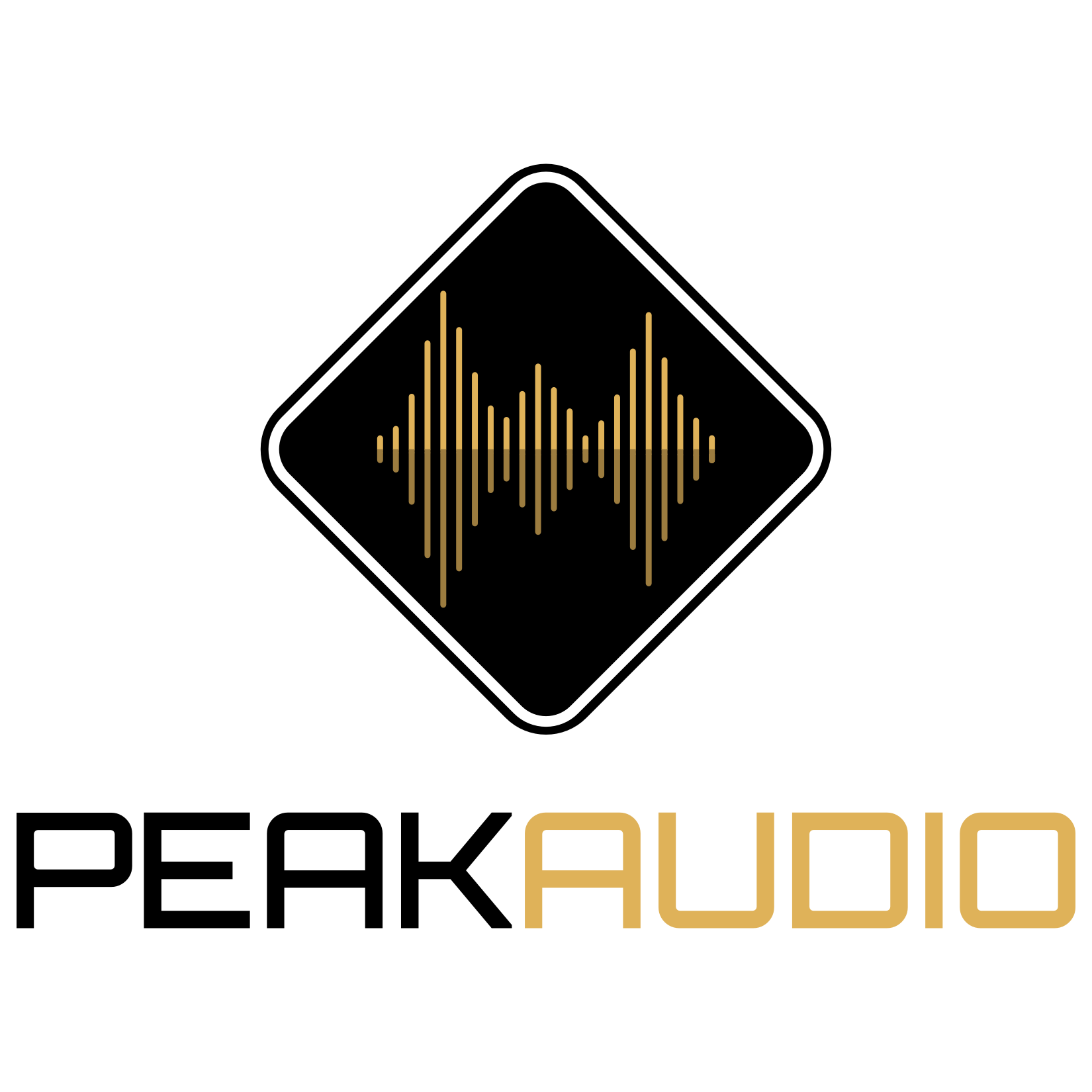 A black and white logo for peak audio with a sound wave.