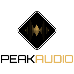 A black and white logo for peak audio with a sound wave.