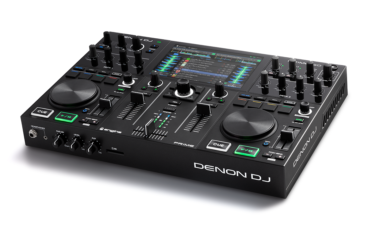 A black dj controller is sitting on a white surface.