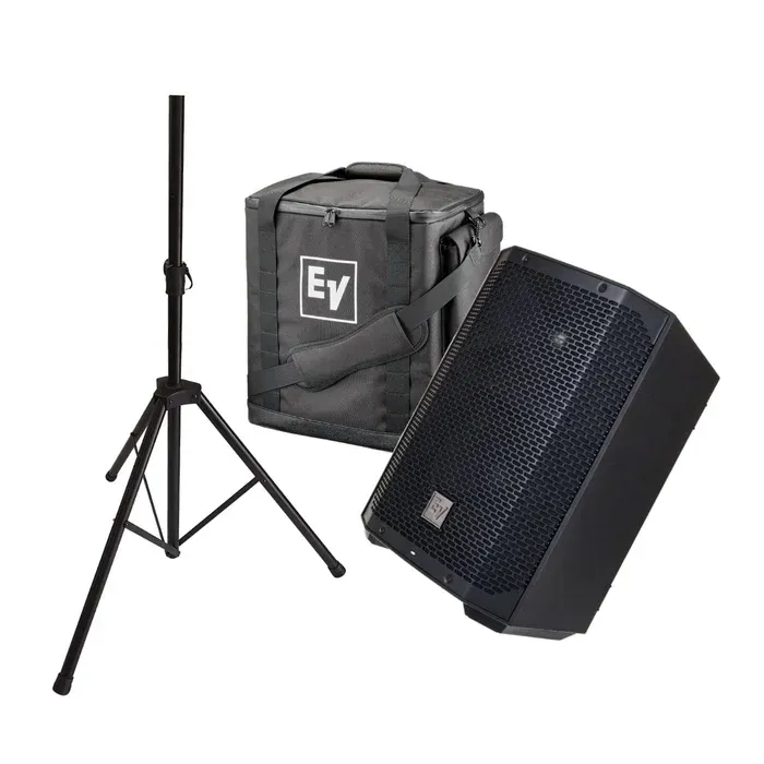 A pair of speakers sitting on top of a subwoofer on a stand.