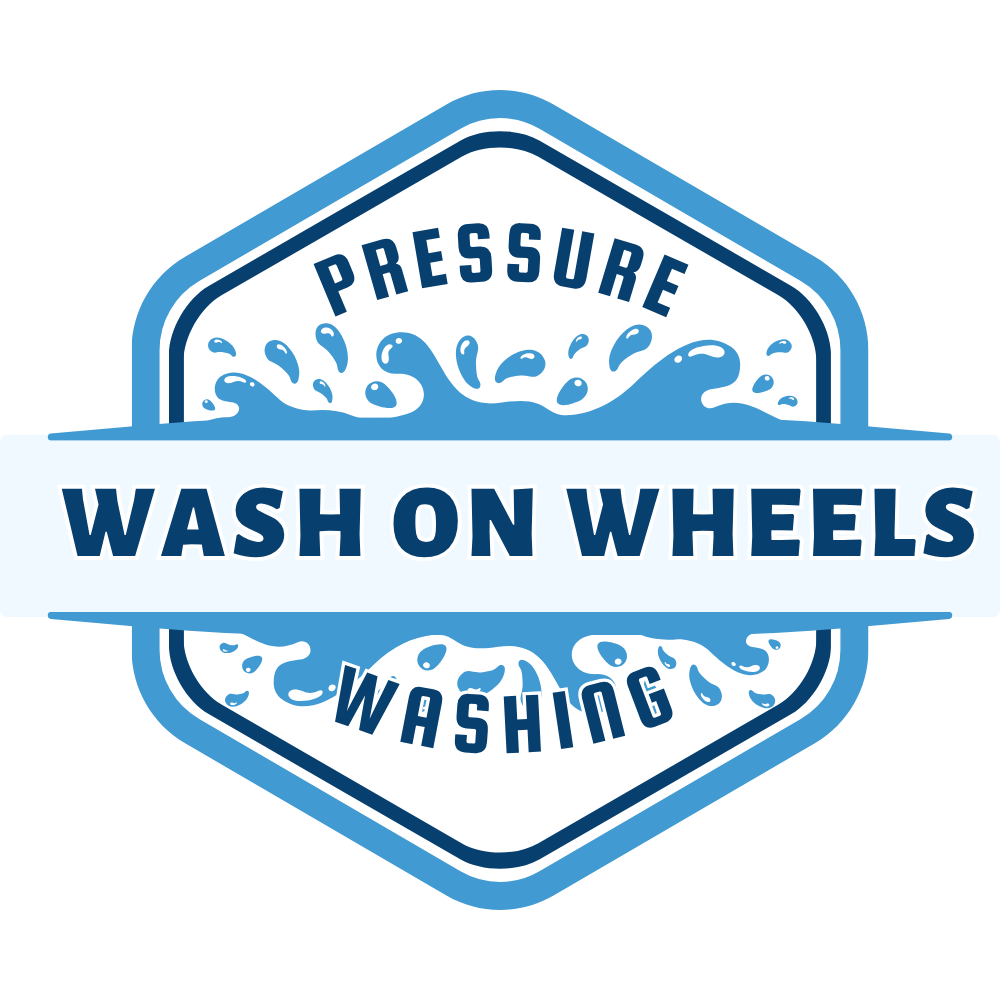 Blue and white logo reading “Wash On Wheels” with “Pressure Washing” above and “Washing” below.