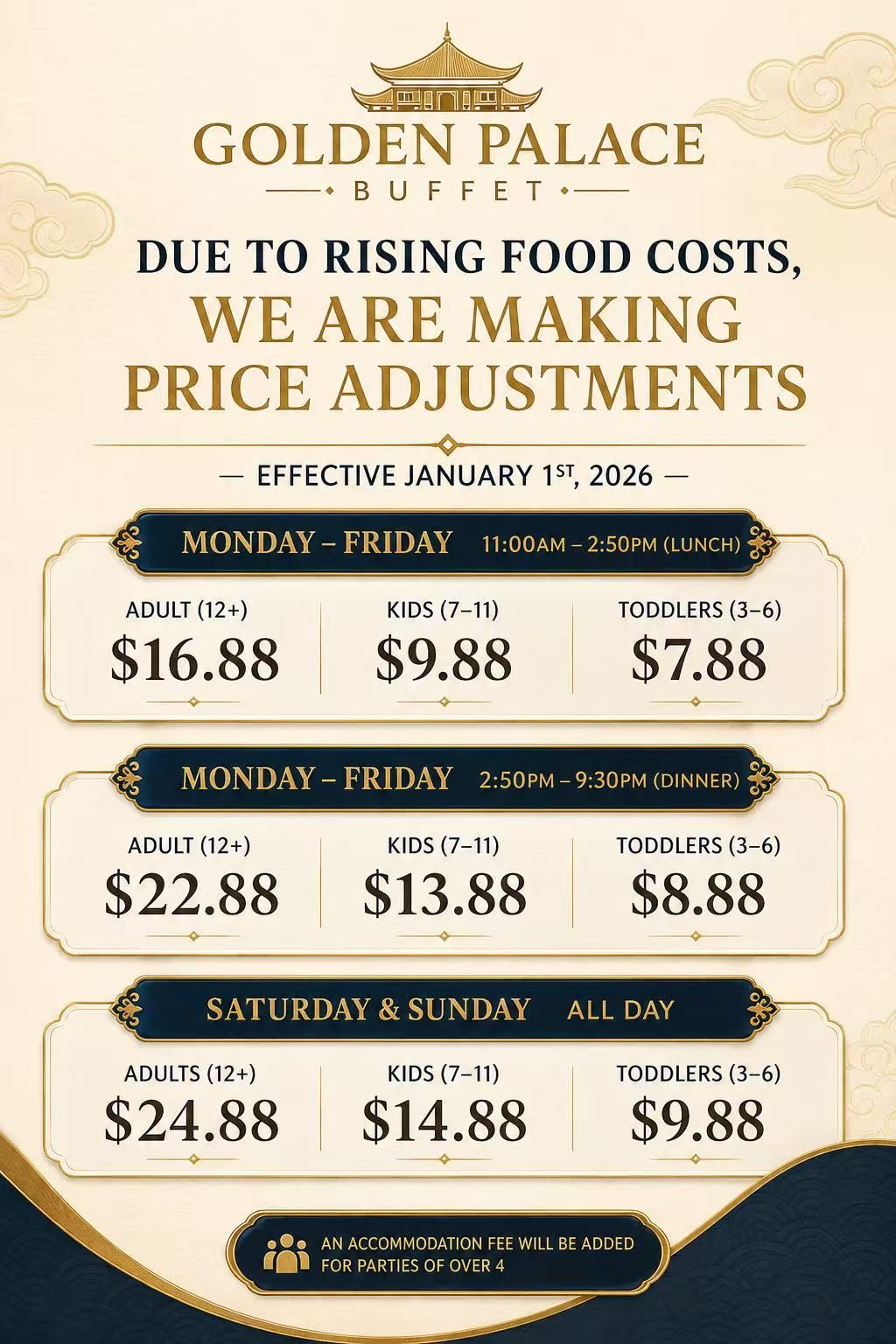 Golden Palace price adjustment flyer with beige background and weekly menu prices listed