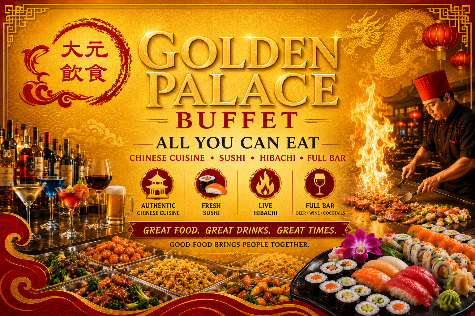 Golden Palace Buffet ad in gold and red with Chinese dishes, decorative lanterns, and buffet spread