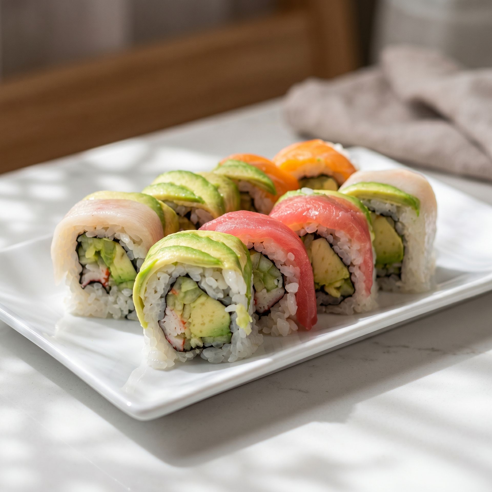 Assorted colorful sushi rolls on a white rectangular plate on a table