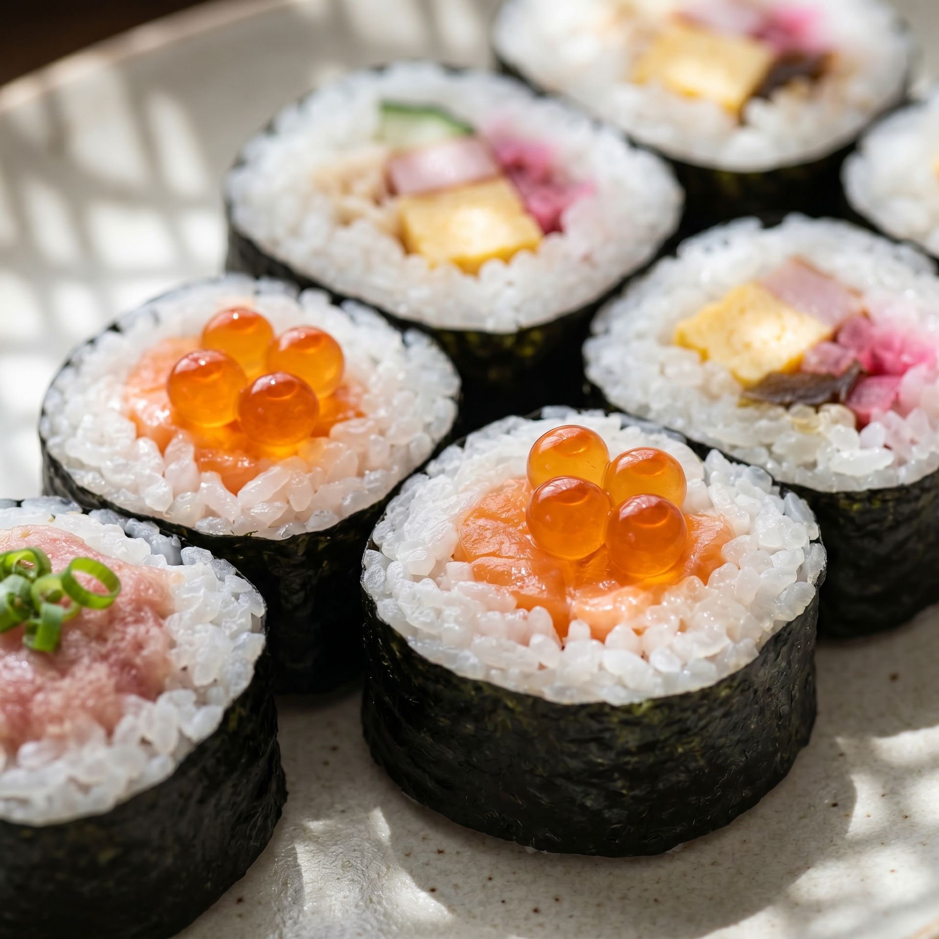 Assorted sushi rolls with rice, salmon roe, tuna, and egg on a plate in bright light