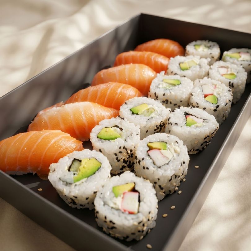 Assorted sushi rolls and salmon nigiri arranged on a black tray