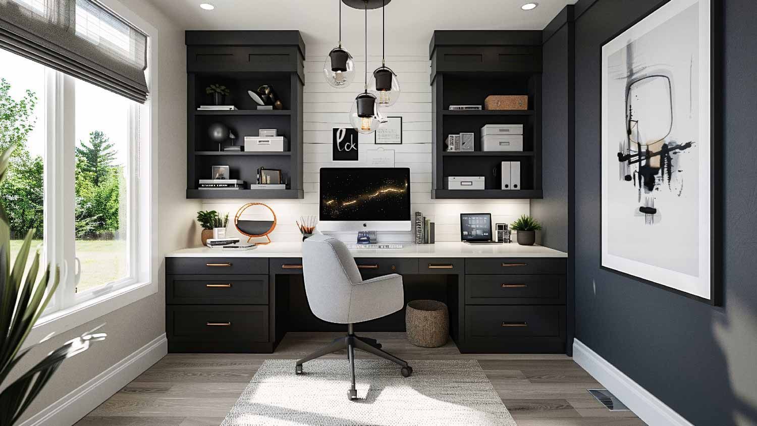 AD Construction NJ - Modern home office with dark cabinets, desk, shelves, and a large window.