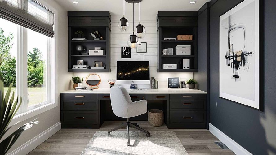 AD Construction NJ - Home office with built-in desk, shelving, and modern decor. Features include a window and artwork.