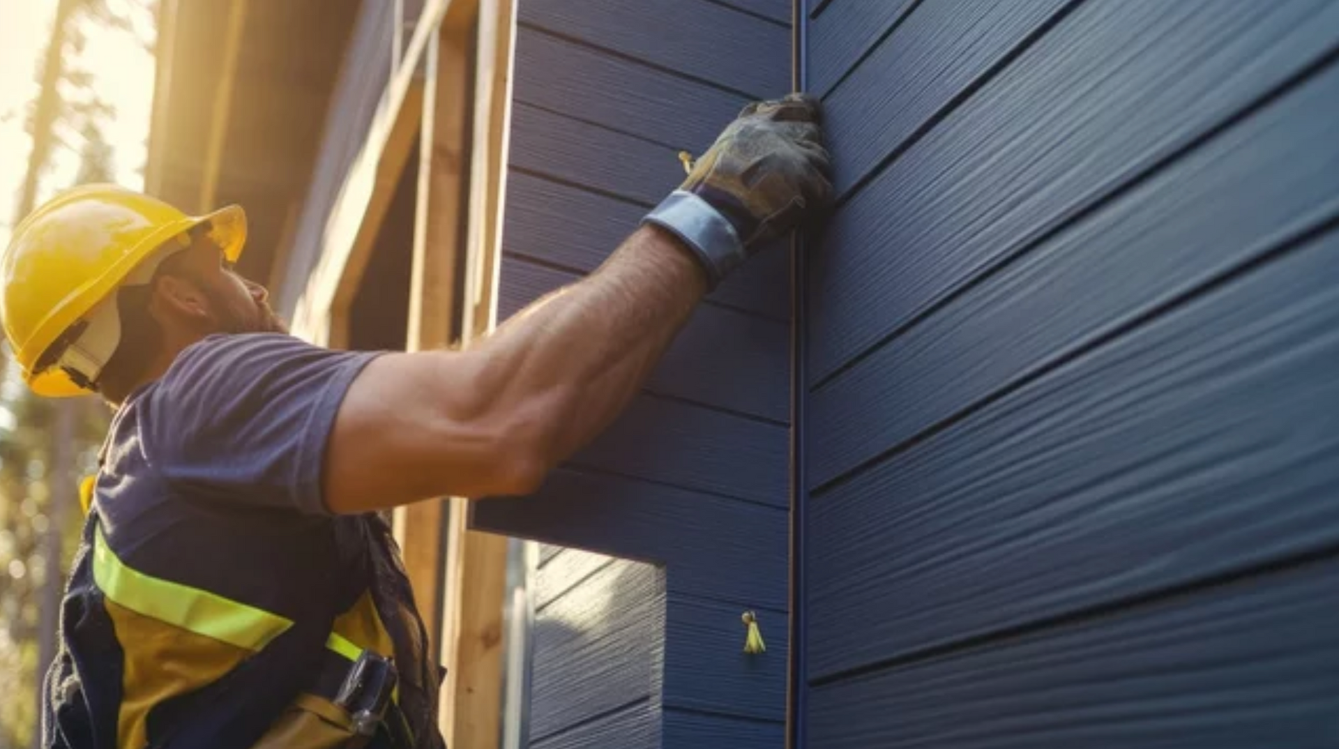AD Construction NJ - Construction worker installing blue siding on a building, wearing a yellow hardhat and safety vest.