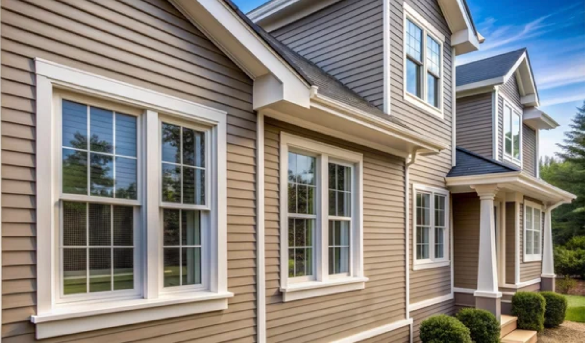 AD Construction NJ - Exterior of a two-story house with gray siding, white trim, and multiple windows against a blue sky.