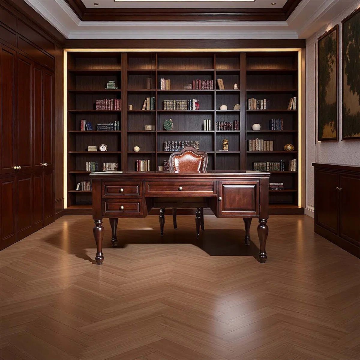 AD Construction NJ - Wooden study with a desk, chair, and bookcase filled with books. Dark wood floors and walls, well-lit.