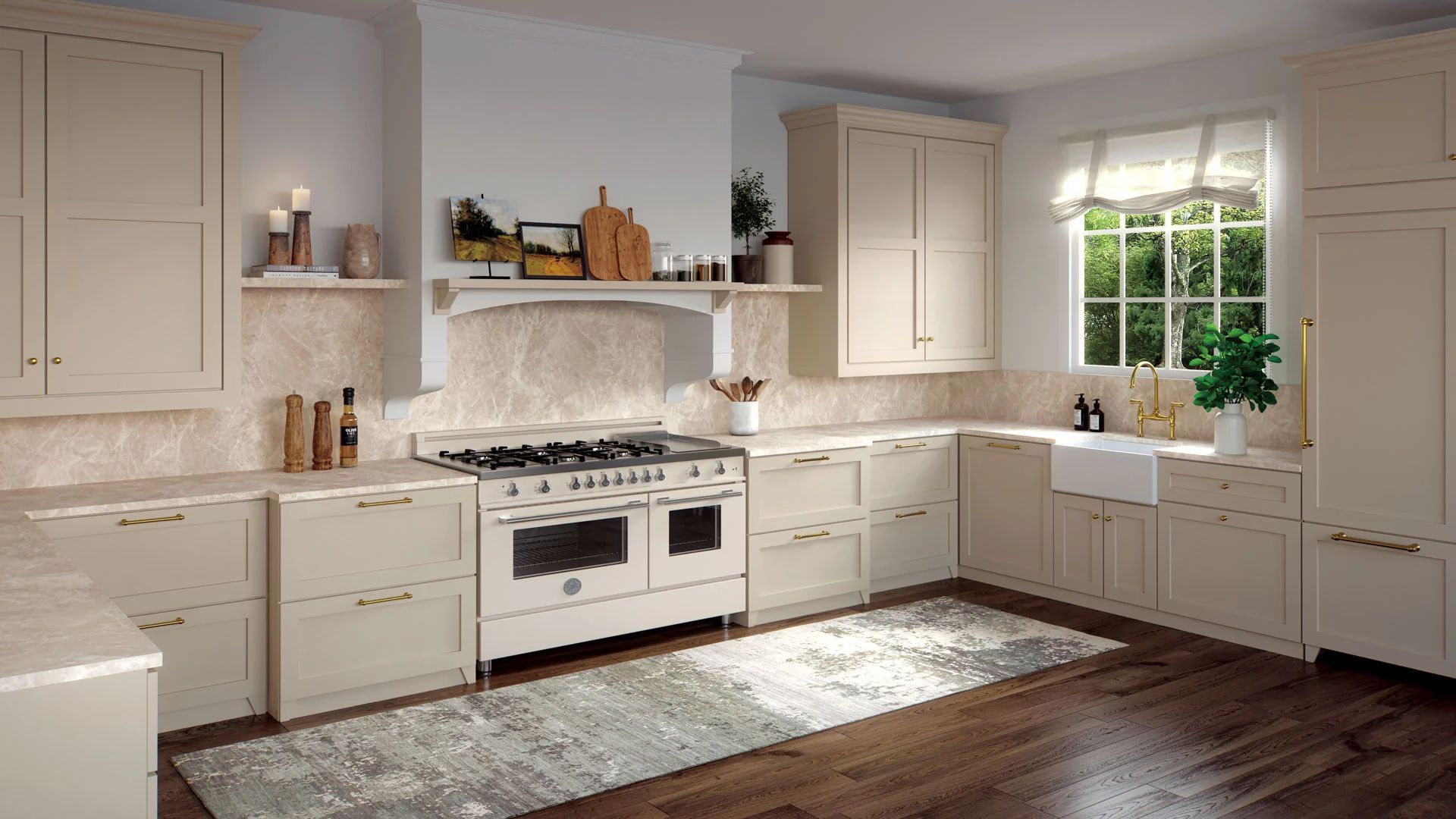 AD Construction NJ - Cream-colored kitchen with stove, cabinets, rug, and window with greenery, evoking a bright, airy feel.