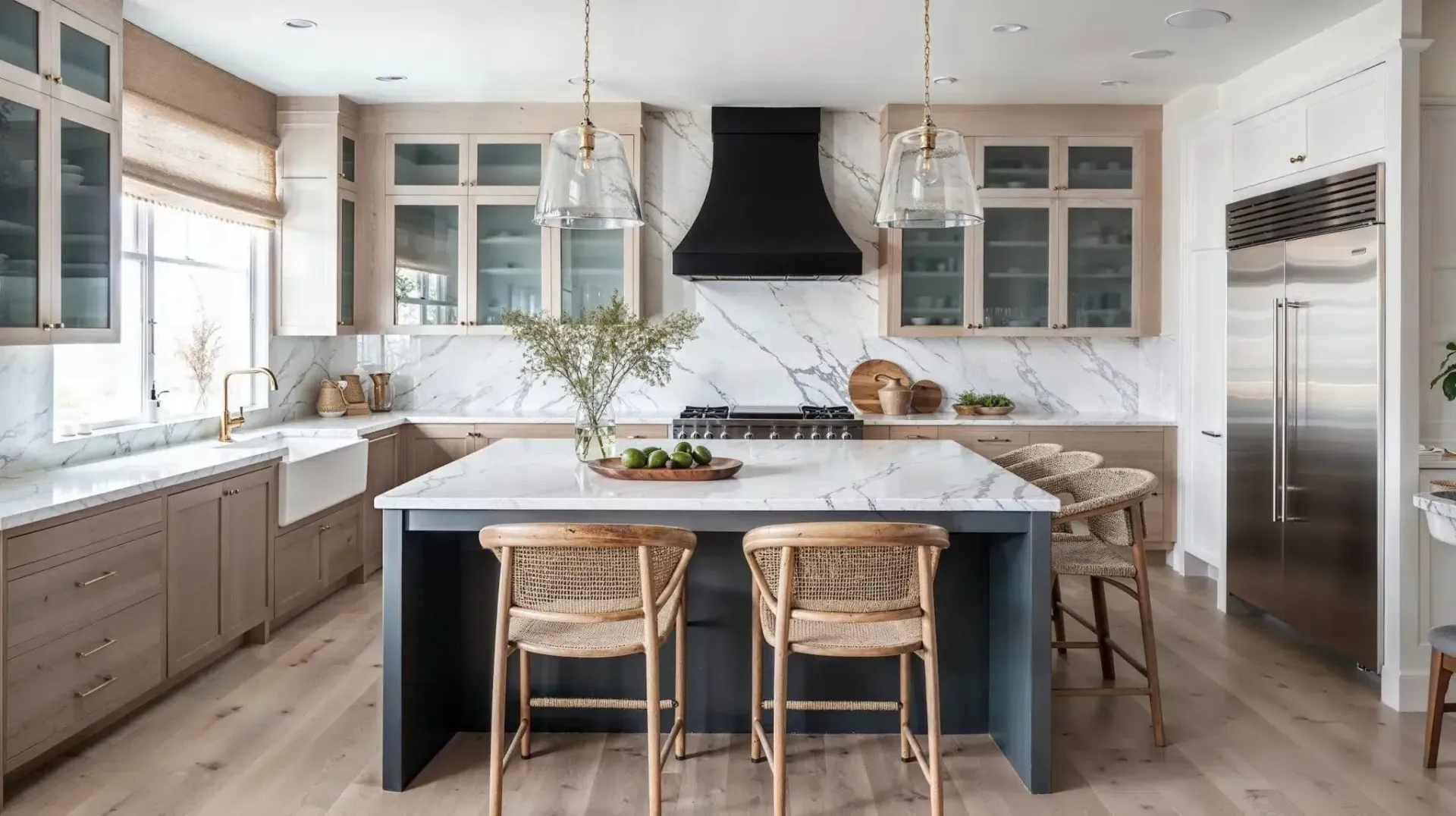 AD Construction NJ - Stylish kitchen with island, marble backsplash, black range hood, light wood cabinets, and bar stools.