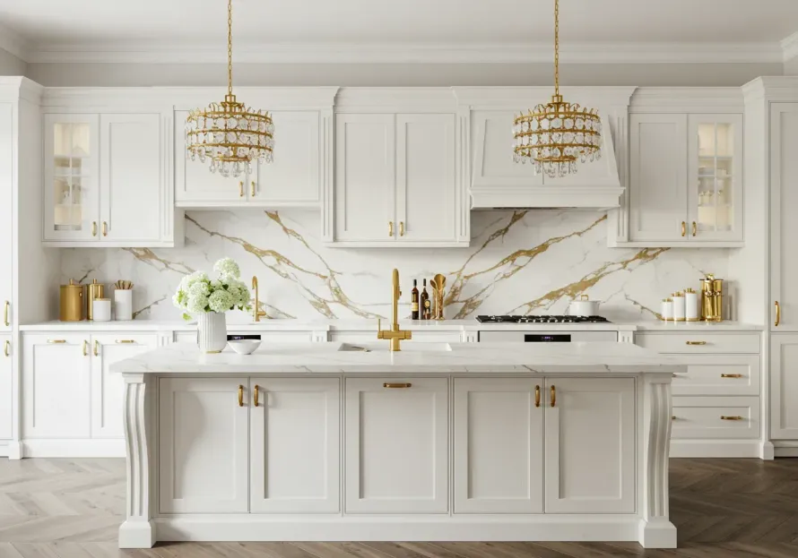 AD Construction NJ - White kitchen with marble backsplash, island, and gold accents; two chandeliers hang above.
