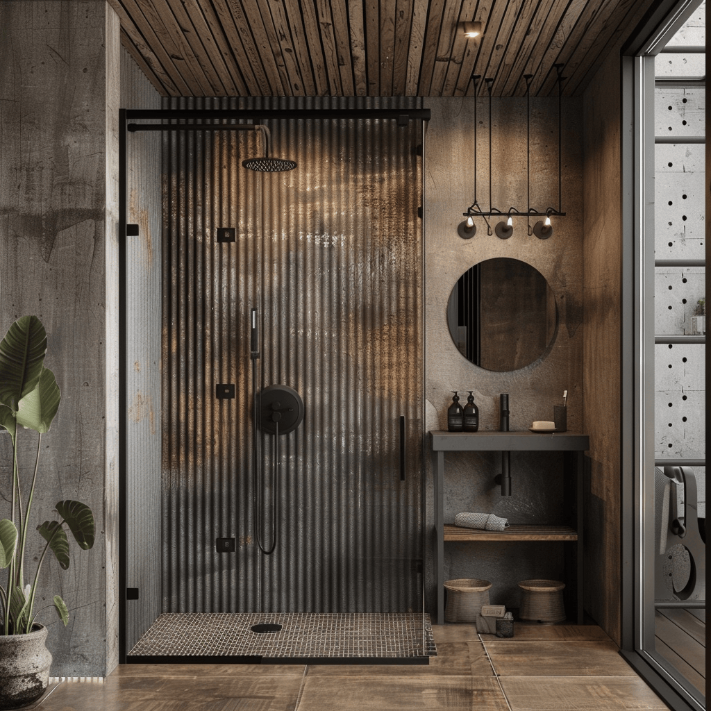 AD Construction NJ - Industrial bathroom with a glass shower, concrete walls, wooden shelves, and round mirror.