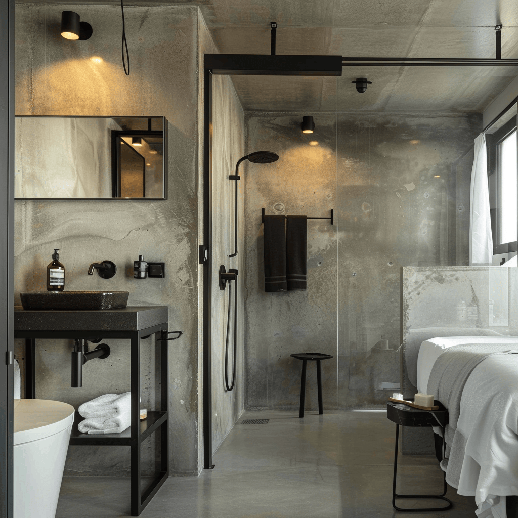 AD Construction NJ - Concrete-walled bathroom with black fixtures. Includes shower, sink, toilet, and bed. Minimalist design.