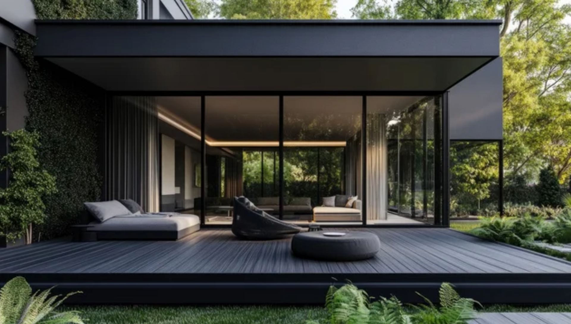 AD Construction NJ - Modern outdoor patio with black deck, glass walls, and gray furniture. Surrounded by greenery.