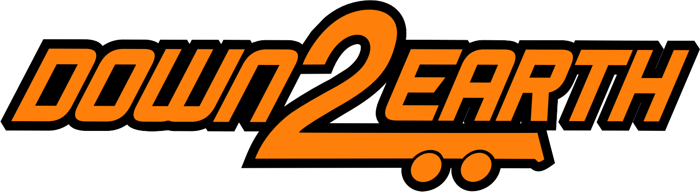 The logo for down 2 earth is orange and black
