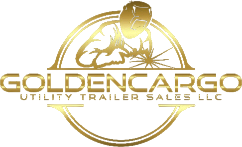 Goldencargo Utility Trailer Sales LLC logo in metallic gold with circular emblem and trailer graphic