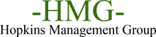 The logo for hopkins management group is green and white