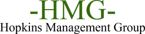 The logo for hopkins management group is green and white