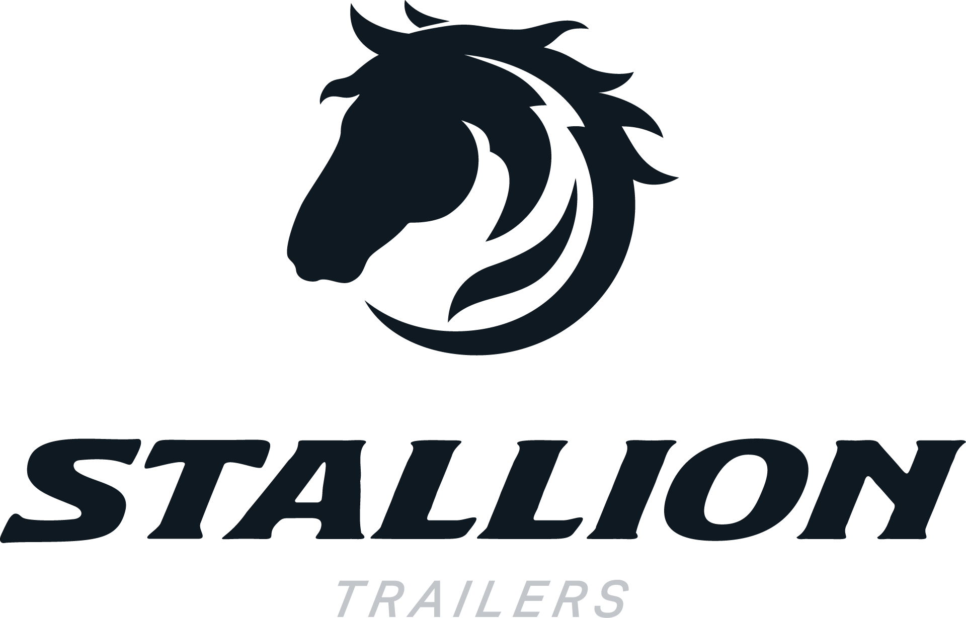 Black horse head logo above the word “STALLION” with faint “TRAILERS” underneath.