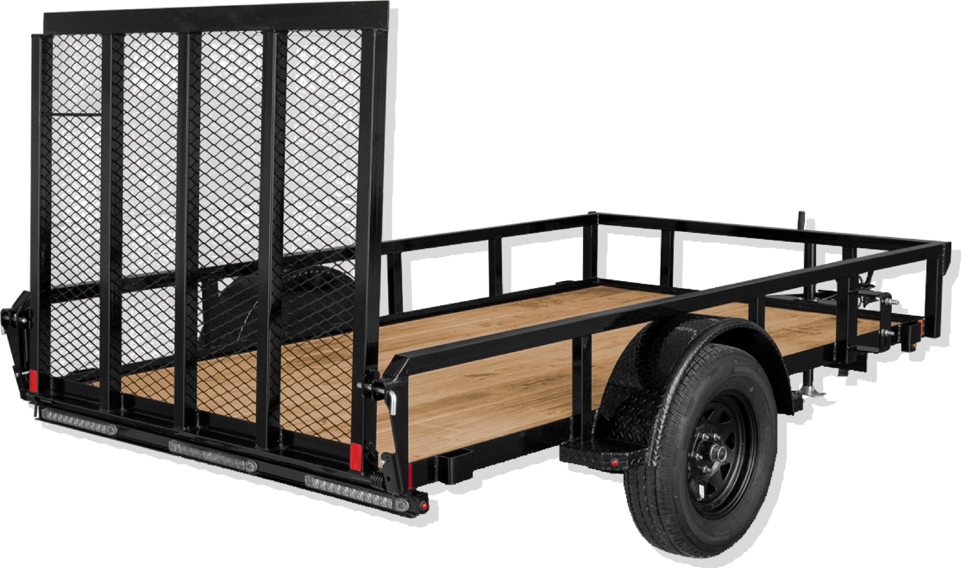 A trailer with a wooden deck and a metal fence on a white background.
