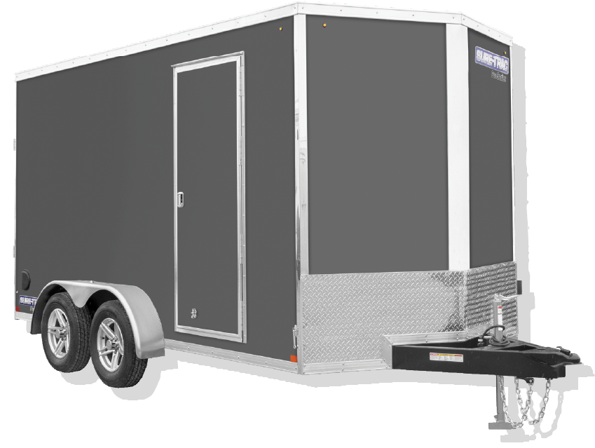 A gray trailer with a white trim is on a white background.
