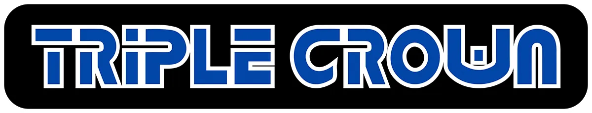 Blue “TRIPLE CROWN” logo in bold outlined letters on a black background.