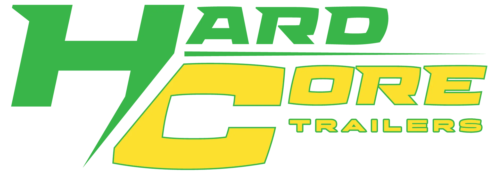 Hard Core Trailers logo in green and yellow with stylized HC lettering