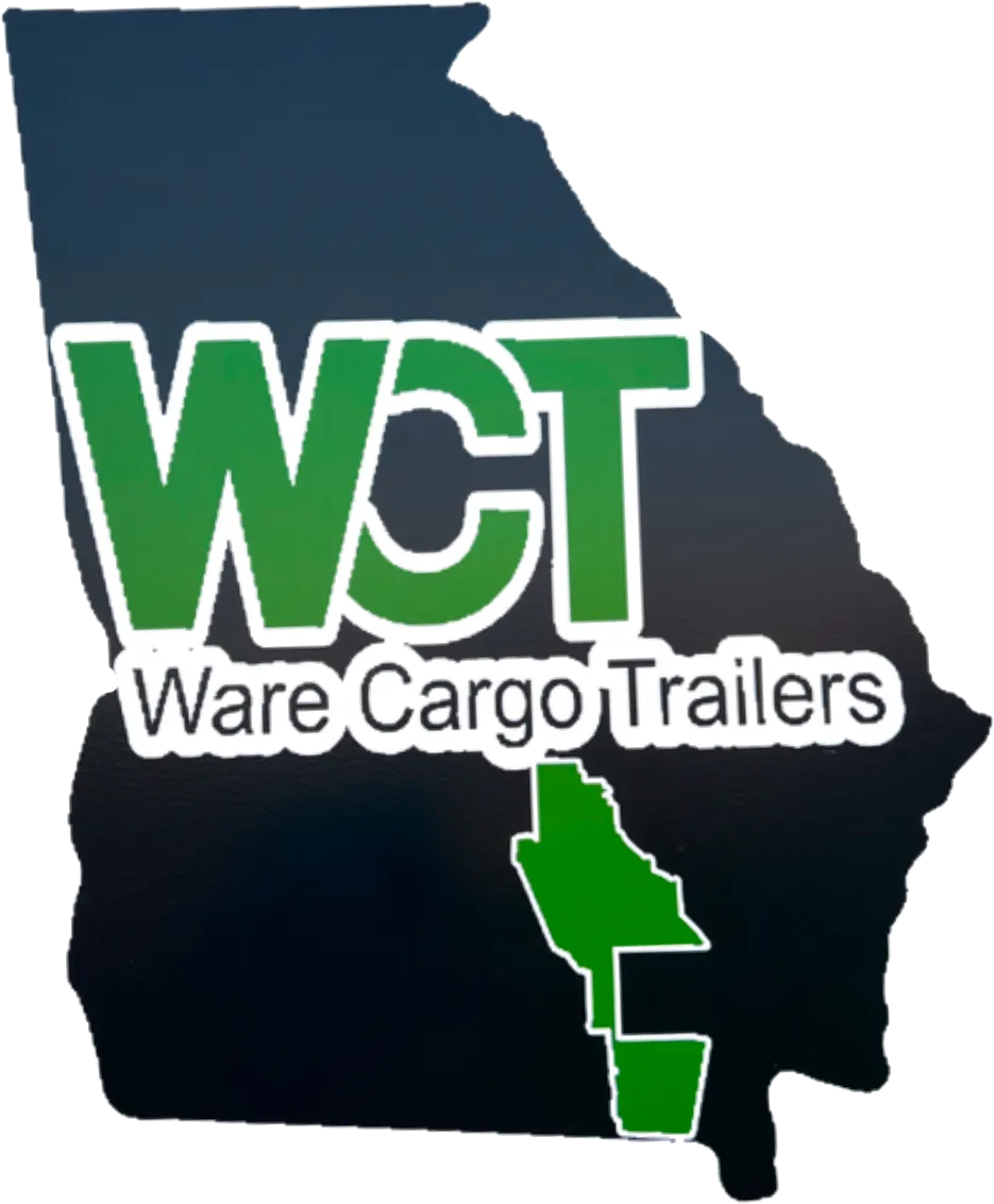 Logo for Ware Cargo Trailers, showing WCT on a dark state silhouette with green outline