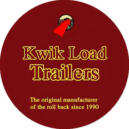 Red Kwik Load Trailers logo with gold text and small tagline about rollback trailers since 1990
