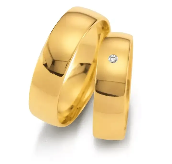 Geelgouden damesring 6mm breed met 1 brillant 0,02CT en herenring 6mm