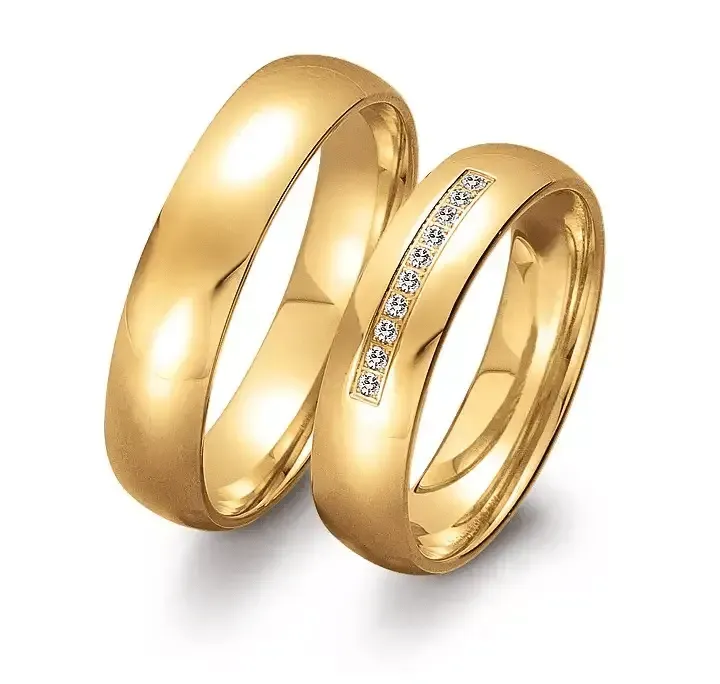 Geelgouden damesring 5mm breed met 10 brillant 0,05CT en herenring 5mm