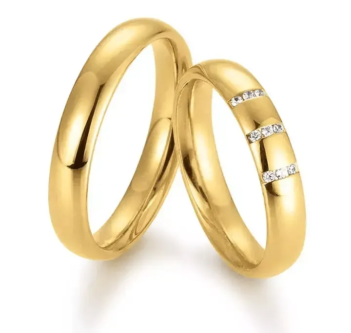 Geelgouden damesring 4mm breed met 9 brillant 0,045CT en herenring 4mm