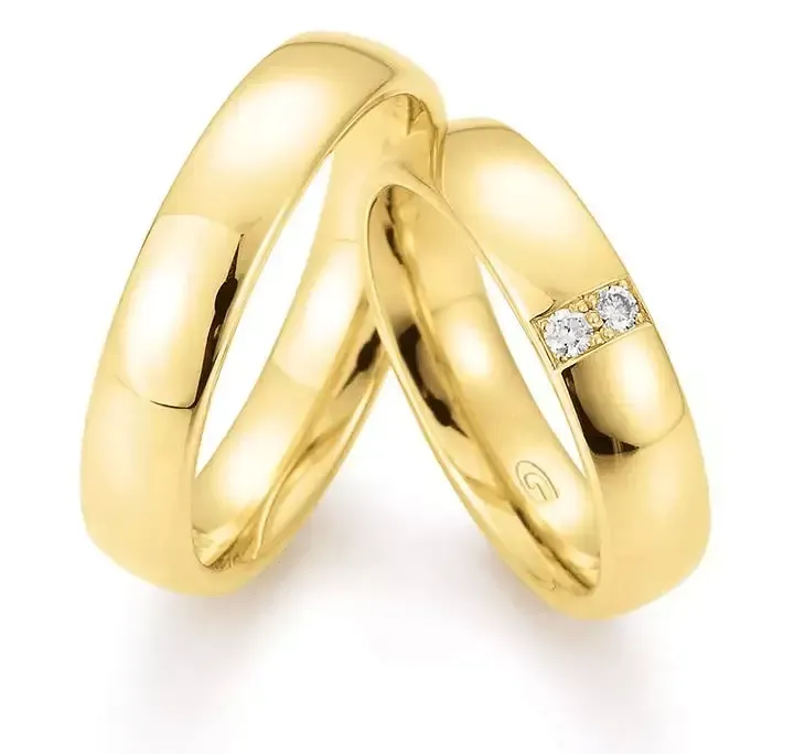 Geelgouden damesring 5mm breed met 2 brillant 0,06CT en herenring 5mm