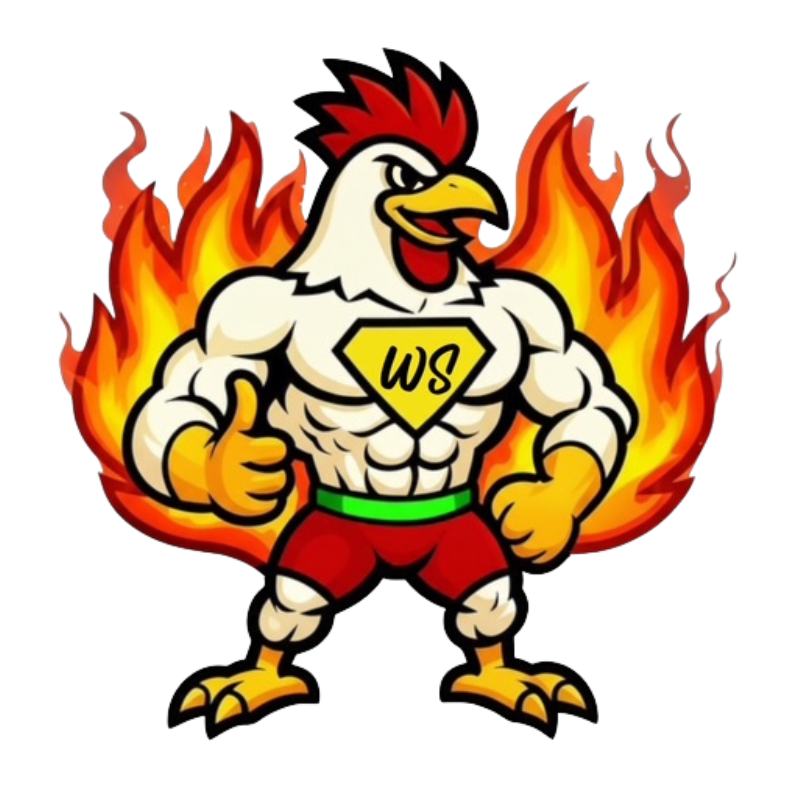 Wing- Shack Muscle-bound rooster superhero giving a thumbs-up, surrounded by flames, wearing a