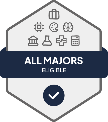 Badge with blue banner: 