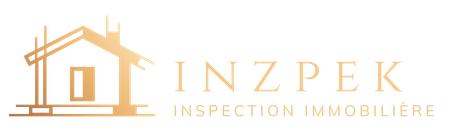Logo d'INZPEK, agence d'inspection immobilière. Contour doré d'une maison en construction avec texte.