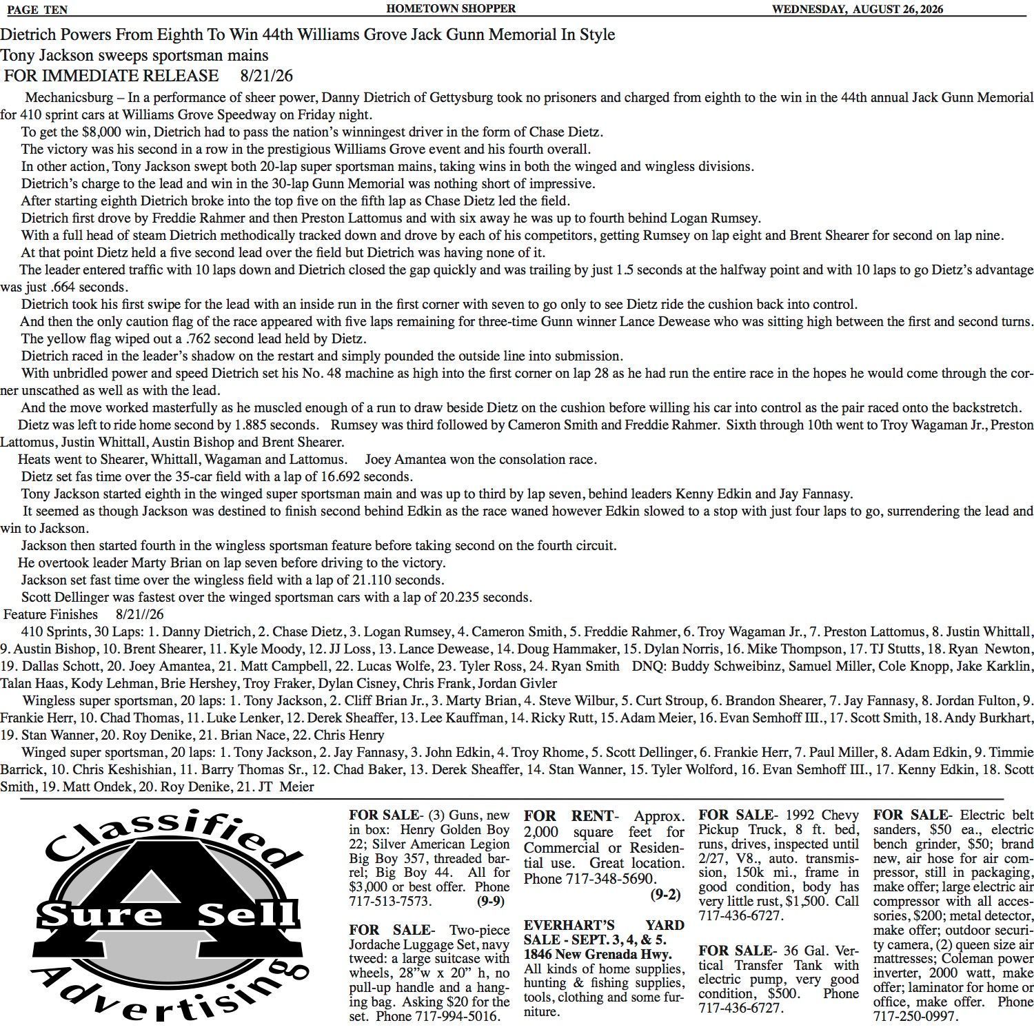 Black-and-white classified ad page with dense text and a “Classified” logo at the bottom.