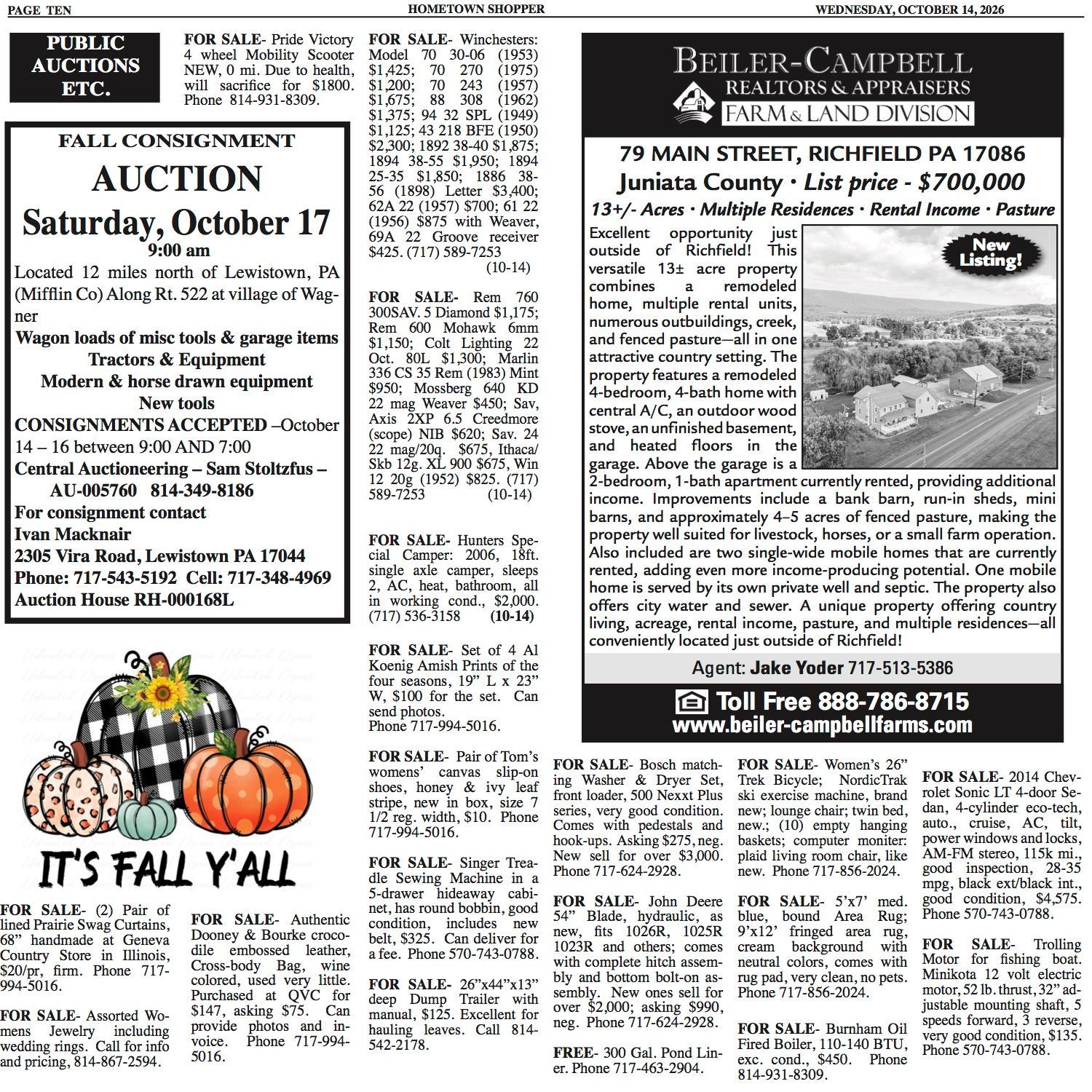 Newspaper classifieds page with auction ad, farm listings, and fall pumpkins graphic saying “It’s Fall Y’all”
